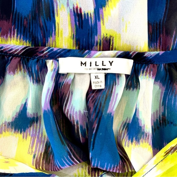 Milly Sheer Colorful Tie Dye Watercolor Blouse Sz XL Peasant Boho Flounce Ties - Picture 8 of 10